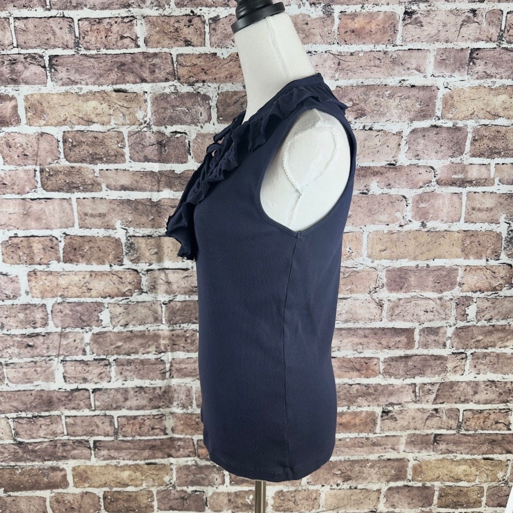 Lauren Jeans Co Ralph Lauren Navy Blue Ruffle V-Neck Ribbed Pima Cotton Top L - Picture 6 of 13